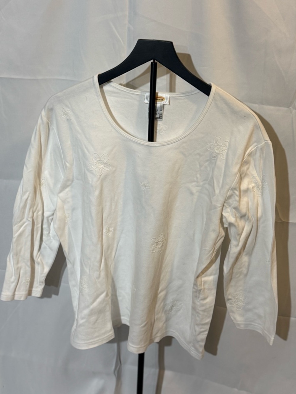 Talbots Cream Floral Embroidered Long Sleeve Scoop Neck Top